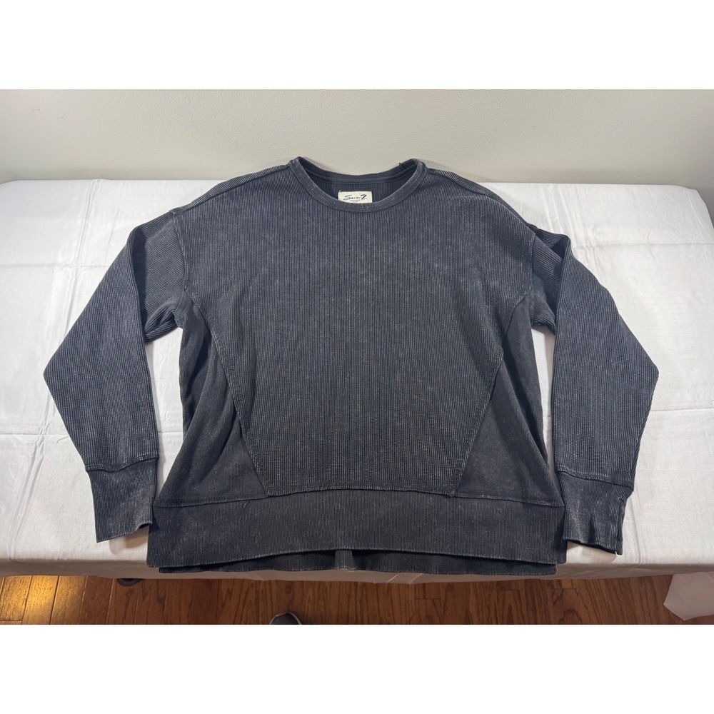 Seven7 Premium Brand Mens Large Acid Wash Waffle Knit Thermal Crewneck Black